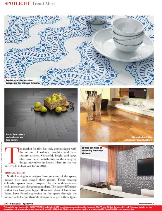Spotlight Trends CW Interiors featured BFT's Geometric pattern tile in their April 2018 issue.